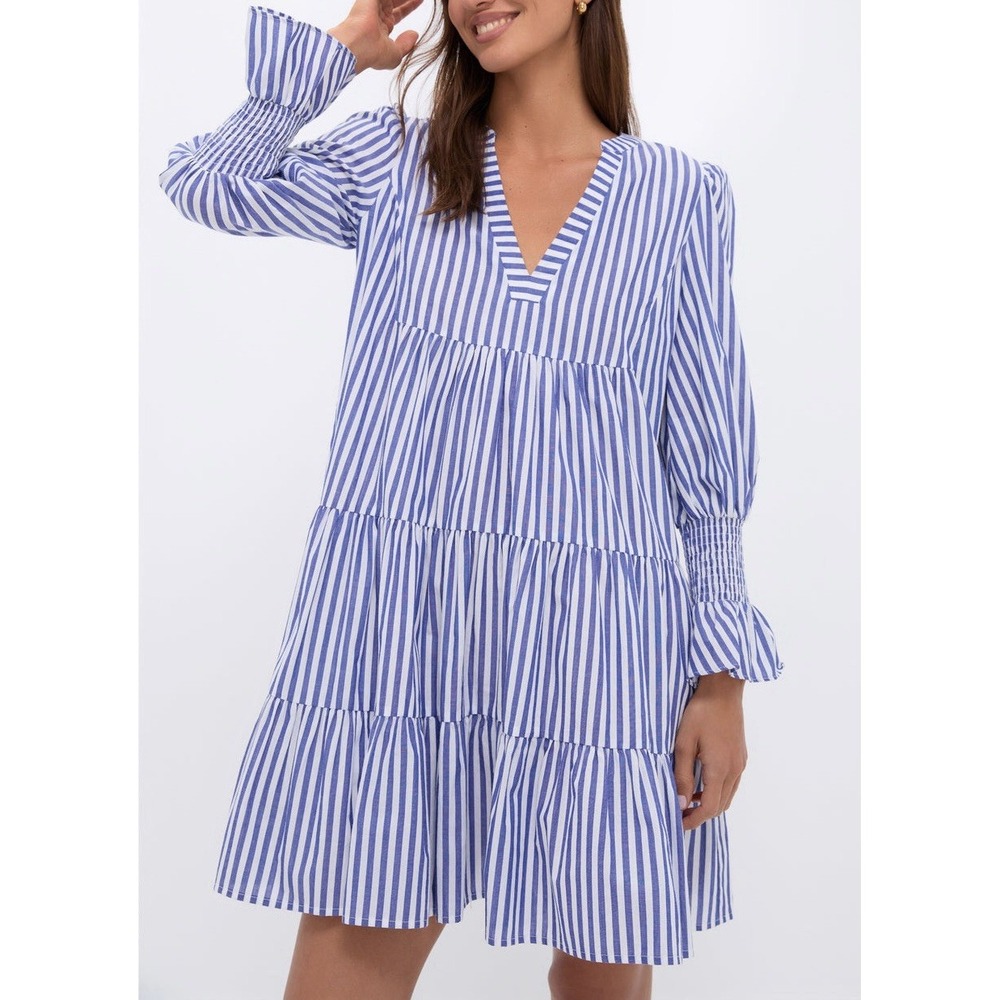 Pomander Place Tuckernuck Kenzo Mini Dress Blue White Stripe Tiered Size Small‎